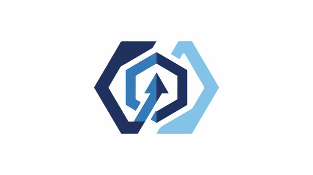 A stylized blue logo with arrows forming a hexagon