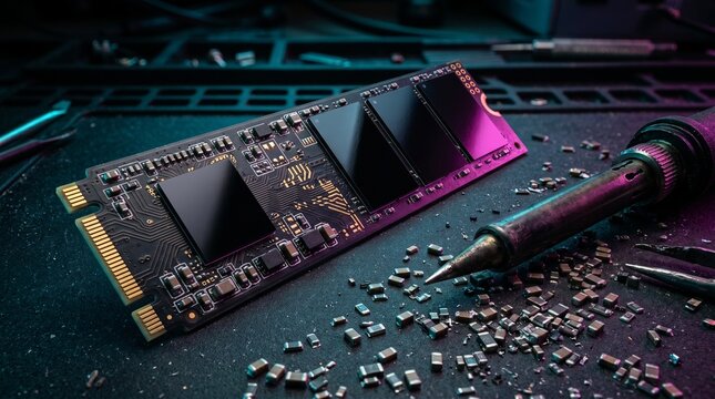 Electronic Repair Workspace: NVMe SSD, Soldering Iron, and Micro Components under Neon Light