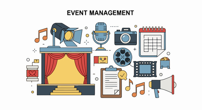 A colorful illustration of event management elements