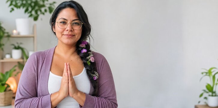 Generative AI, Serene Indian woman with flower braid doing namaste in wellness space