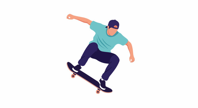 A man in a turquoise shirt and dark blue pants performs a skateboarding trick