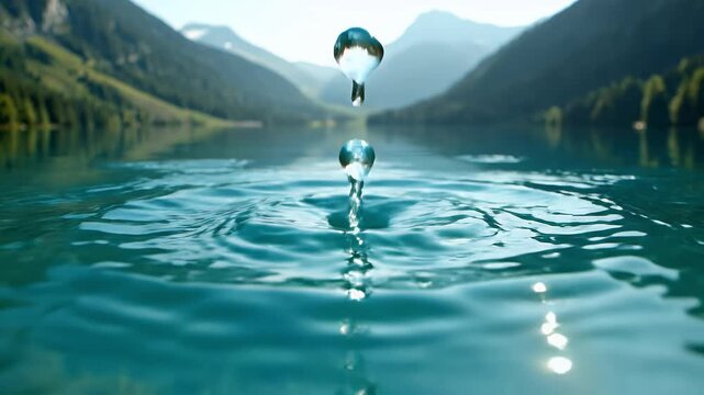 A dynamic water splash erupts in a serene mountain lake, with droplets scattering