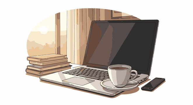 A laptop sits on a table beside a stack of books, a cup of coffee, and a phone