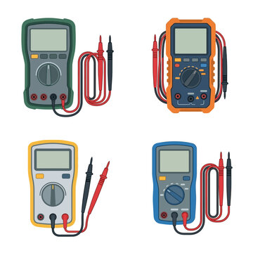 A collection of four colorful digital multimeters with test leads for electrical measurement.