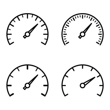 Four distinct speedometer icons with varying tick mark densities and needle positions.