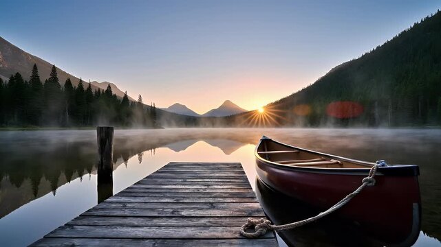 Serene dawn breaks over misty lake with canoe tethered to weathered wooden dock