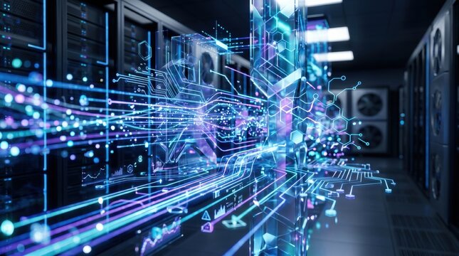 Futuristic server room with glowing data streams, holographic circuits and digital network visualization in modern data center, high speed internet technology concept background