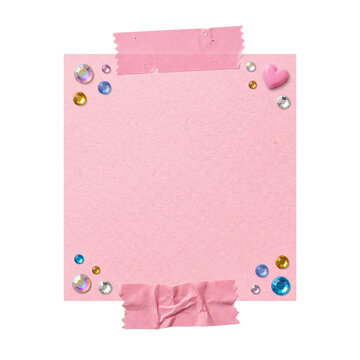 Pink note paper with washi tape, heart shape, and colorful rhinestones on transparent background.