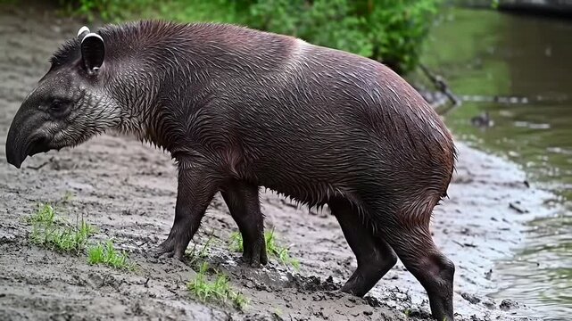 Close-Up of a Tapir Climbing a Gentle Muddy Bank from a River with Lush Greenery in the Background