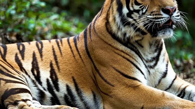 Close-Up of a Tiger Breathing in the Shade with Lush Greenery Background Capturing Wildlife Serenity and Natural Habitat
