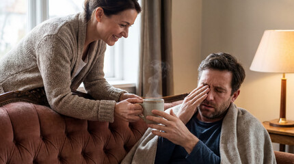 Fototapeta premium Loving woman comforting sick man with hot tea at home, showing care, support, and compassion in illness