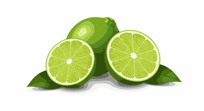 A digital illustration of three green limes with leaves on white background