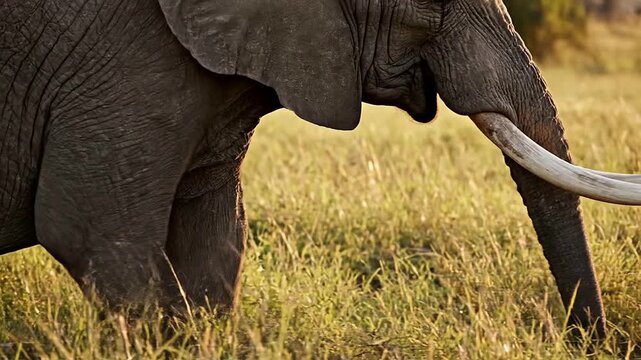 Close-Up of African Elephant Tusks Passing Through Tall Grass in Natural Habitat During Sunset