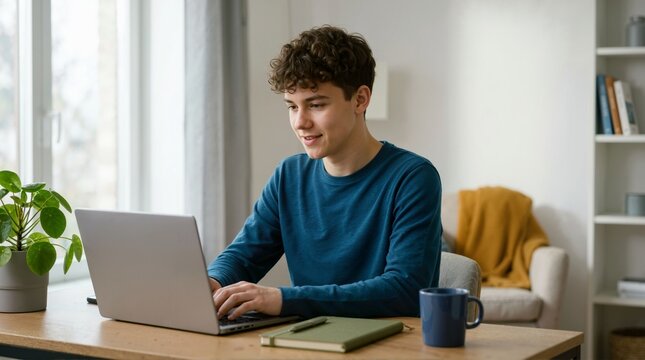 Smiling teenage boy working on a laptop at a desk in a home office. Young male student typing and studying online with a notebook. Remote learning and youth entrepreneurship concept