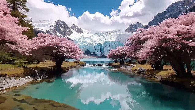 Breathtaking view of Gawalong alpine lake and Bomi peach blossoms under low-altitude glacier mountains, Tibet.