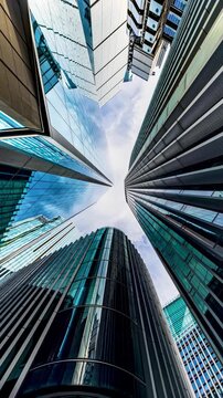 Panned time lapse view of looking up the skyscrapers in the City of London, England, with moving clouds as concept for modern architecture and urbanism