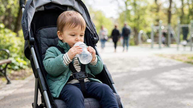 Toddler boy drinking water from a bottle in a stroller. Young child sitting in a pushchair during a walk in the park. Hydration and outdoor outing concept