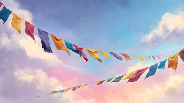 Colorful prayer flags fluttering in a vibrant pastel sky with soft clouds during a cultural event.