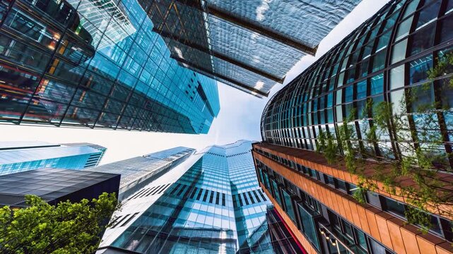 Motion time lapse view of looking up at the skyline in the City of London, England, as a background for modern architecture 