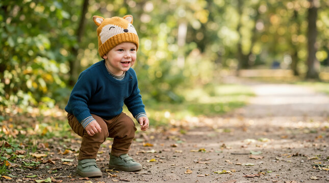 Happy toddler wearing a knitted fox hat in an autumn park. Cheerful little boy crouching on a path surrounded by fall leaves. Outdoor childhood play concept