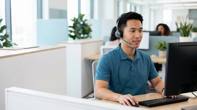 Young adult Asian man working at a call center with a headset. Professional customer service agent looking at a computer monitor in a modern office. Business communication concept