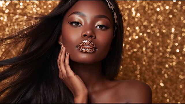 Close-up of a beautiful African American model's face, leopard print on a dark background, slow motion