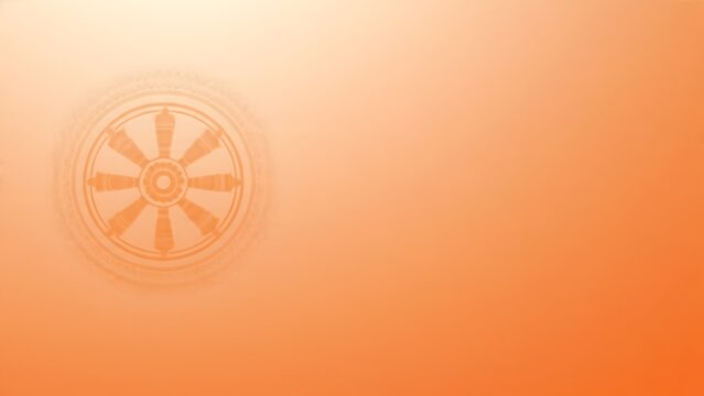 Faded orange background with subtle Dharmachakra Buddhist wheel symbol