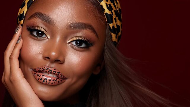 Close-up of a beautiful African American model's face, leopard print on a dark background, slow motion