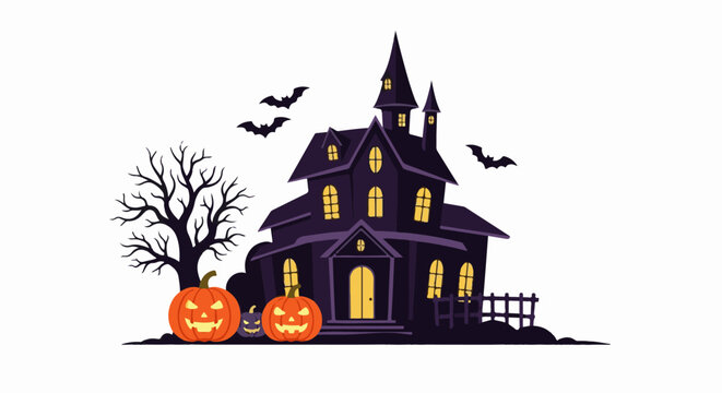 A spooky dark house with lit windows and pumpkins