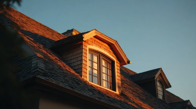 Sloped roof and elegant dormer window under a bright blue sky