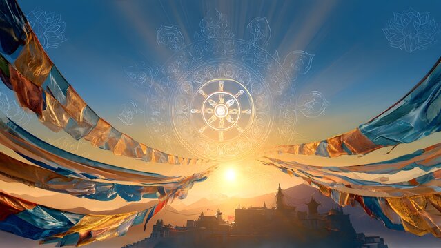 Prayer flags adorn a Himalayan temple at sunset with a luminous Dharma wheel.
