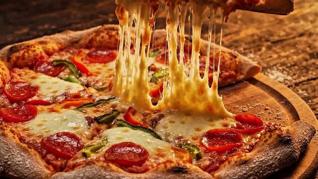 Delicious freshly baked Italian pepperoni pizza with melted gooey mozzarella cheese pull, savory toppings and crispy crust served on a rustic wooden board background