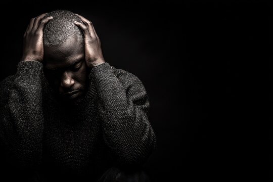 Solitary portrait of a man of African descent with hands on his head against a dark background, conveying sadness and worry