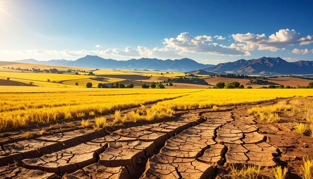 Golden wheat field under bright blue sky with rolling hills.