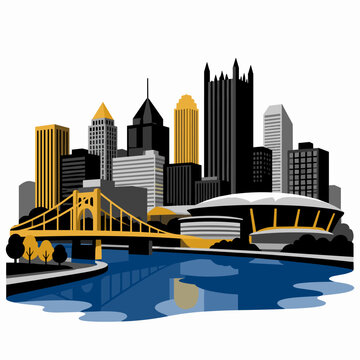 Pittsburgh skyline features sports stadium and iconic bridge over water