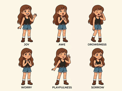 Cartoon girl various emotional expressions.