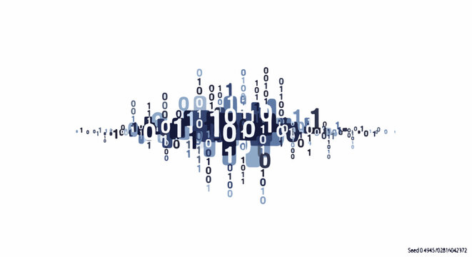 A cloud-like formation of variously sized 0s and 1s in white, light blue, and dark blue