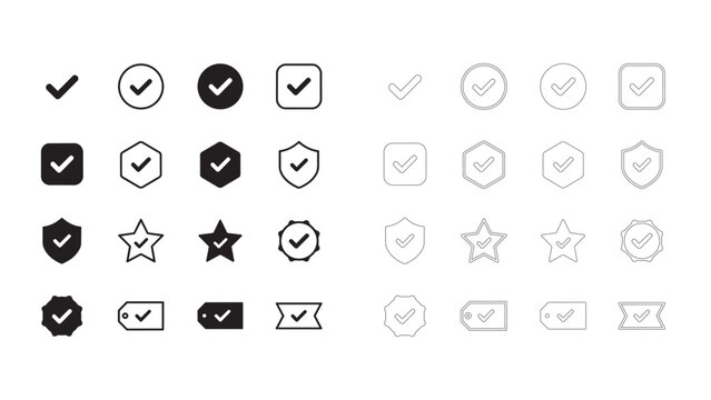 Check mark icons set in solid and outline styles for user interface design and web apps.