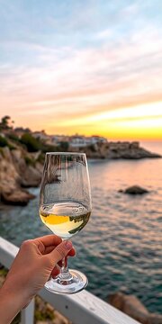 A hand elegantly holding a glass of crisp white wine during a stunning sunset over rocky coastline