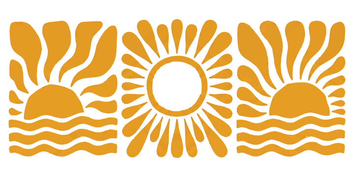 Set of three retro orange sun icons with wavy ocean waves in a vintage vector style