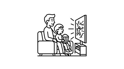 Fototapeta premium A father and his young son sitting on a couch watching television together.