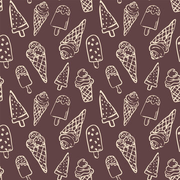 Ice cream seamless doodle pattern vector. Hand drawn outline dessert illustrations on brown background for textile, packaging and fabric design.