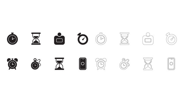 Assorted time management icons featuring digital clocks stopwatches and sand timers in black.