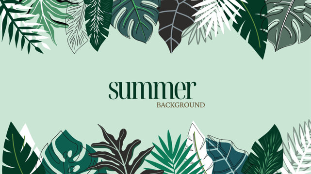 Colourful summer background with tropical summer leaf. Luxury style wallpaper with  line art botanical leaves. Summer sale banner vector