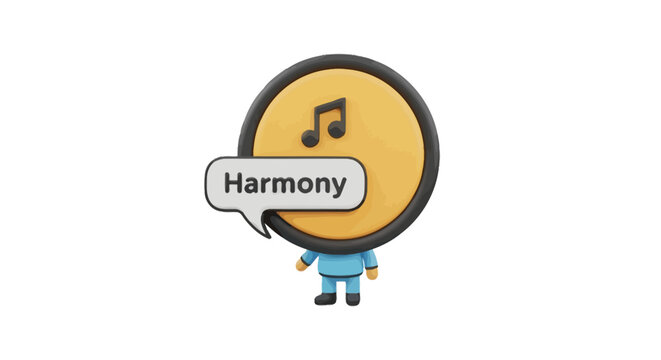 Three dimensional character with music note head and speech bubble