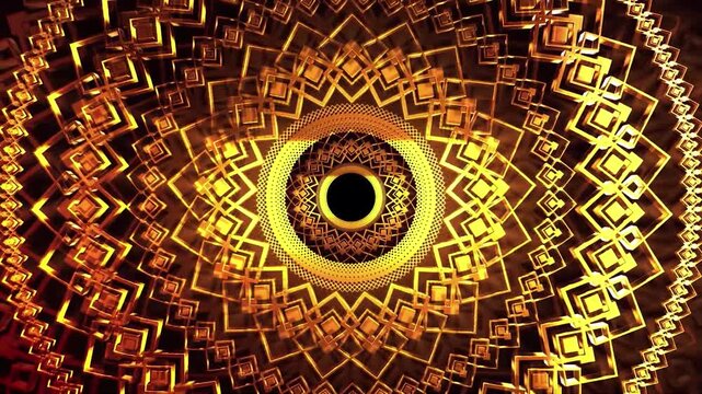 Abstract gold and black geometric pattern with square shapes and a circular hole in the center.
