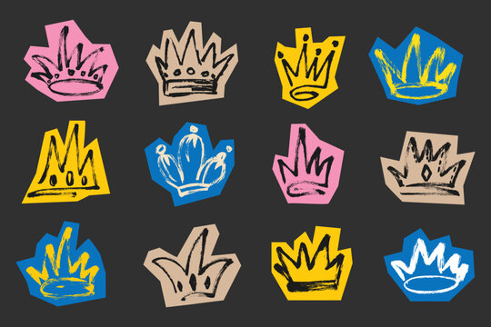 Scrapbook grunge crown sticker elements vector set. Hand drawn brushstroke crown doodle icons with paper cut shapes for journals, planners, cards, posters and creative crafts.