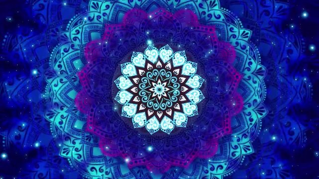 Cosmic Mandala with swirling blue, turquoise, and magenta patterns on a dark blue background with white sparkles.