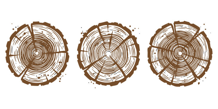 Three decorative tree ring cross section icons with natural brown and green wood grain texture