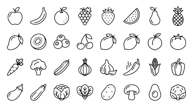 Fresh fruits and vegetables line icon set featuring apple banana carrot broccoli pepper potato mushroom and healthy organic food elements